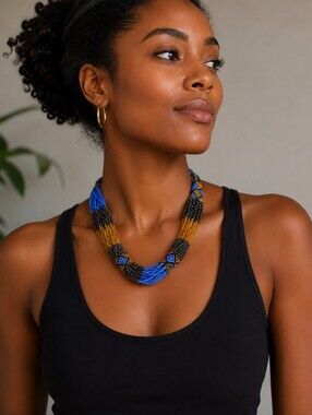 Vintage Artisan Multi-Strand Seed Bead Necklace – Blue Gold Black Statement Jewe